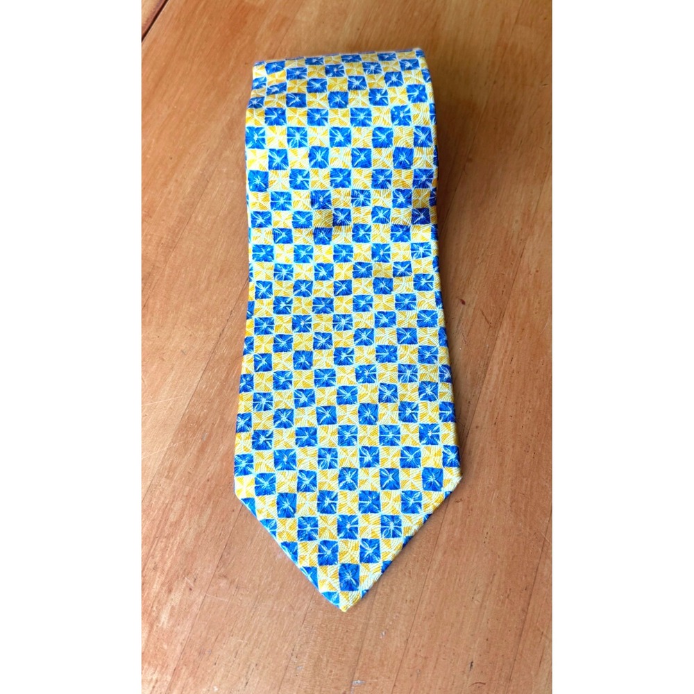 Honors Mens Silk Tie Yellow Blue Geometric Checkerboard Italian Fabric Necktie